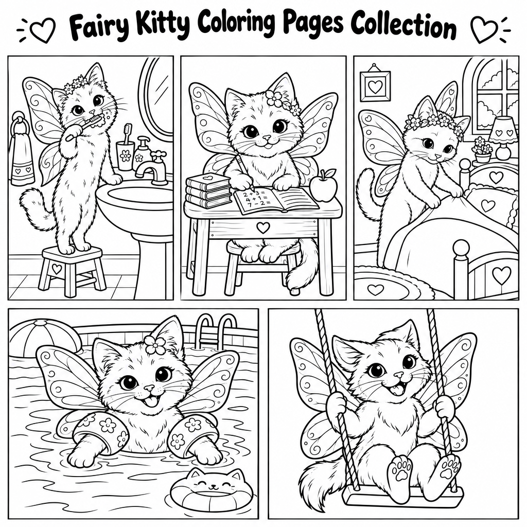 Fairy Kitty Coloring Pages – Complete Collection (7 Pages)
